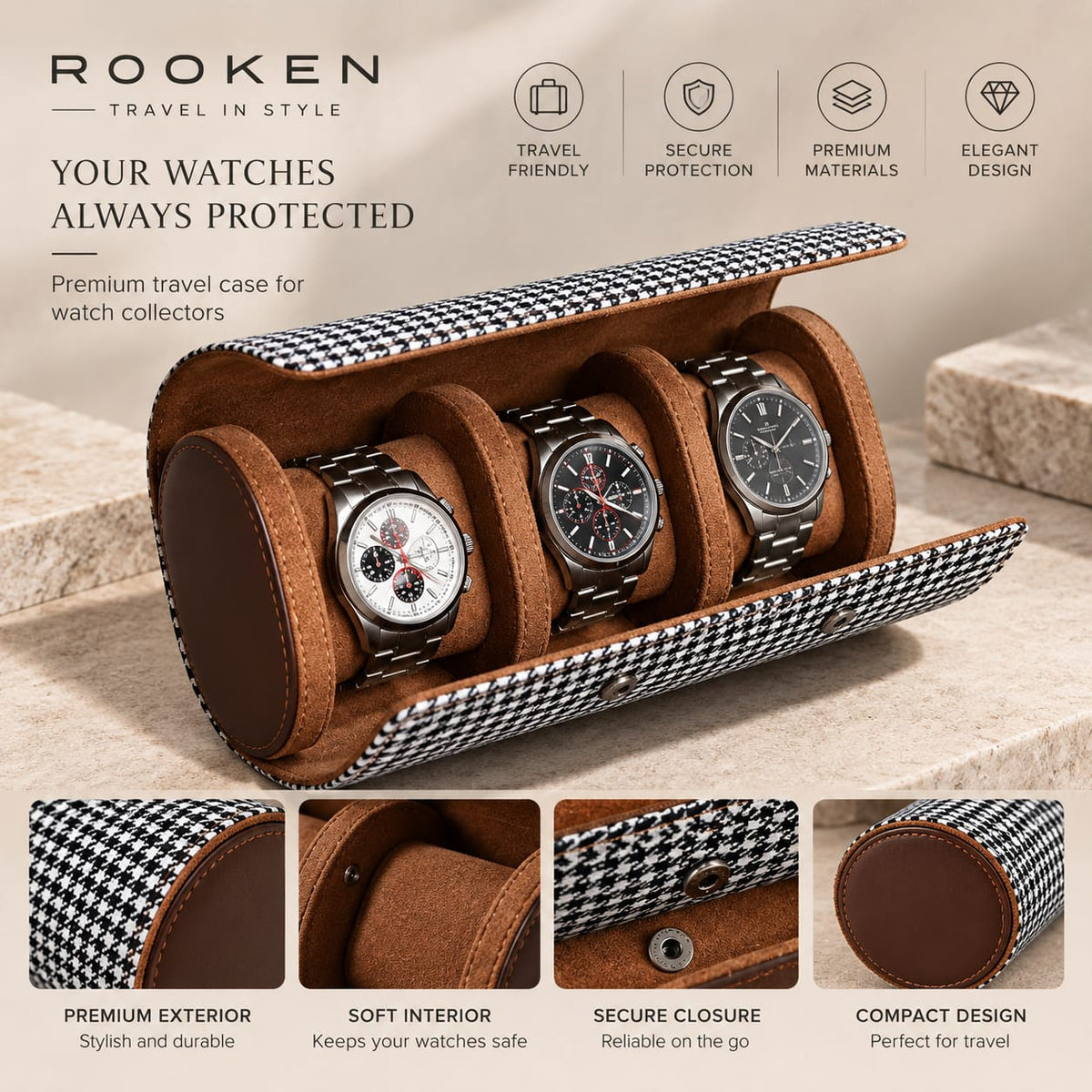 Luxury Watch Roll Travel Case 1, 2 & 3 Watch Storage